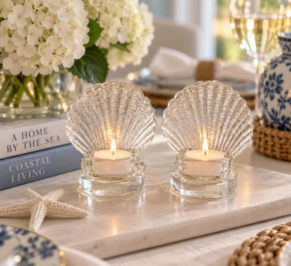Vintage Clear Glass Scallop Shell Tealight Candle Holders Coastal Decor Pair